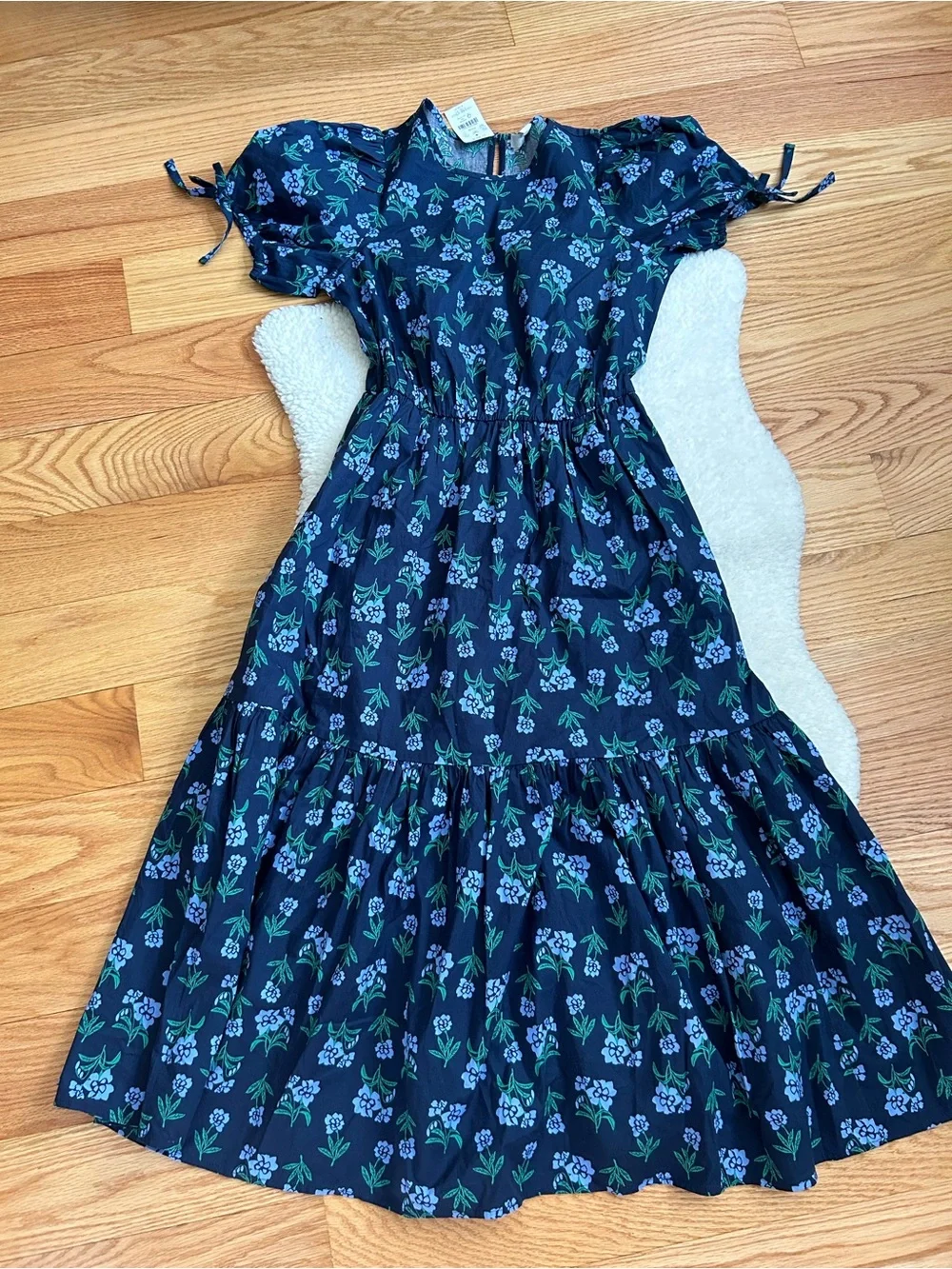 J Crew Factory Floral Navy Tiered Midi Dress with Tie Sleeves NWT